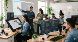 la IA cambio la industria. Personas trabajan con IA en sus oficinas y las incorporan como parte del equipo